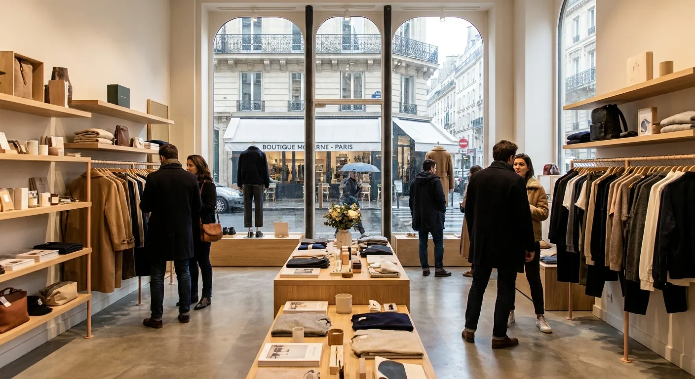 Intérieur moderne d'une boutique parisienne avec clients explorant les produits et ambiance retail contemporaine.