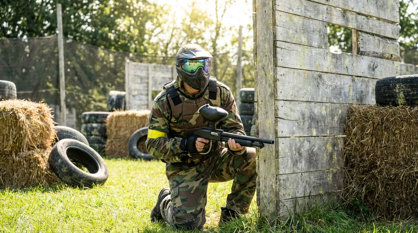 Joueur de paintball équipé d'un masque de protection et tenant son marqueur sur le terrain