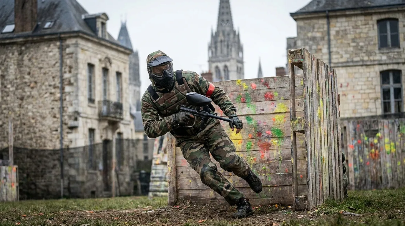 Joueur de paintball équipé en pleine action dans l'arène extérieure de Rouen
