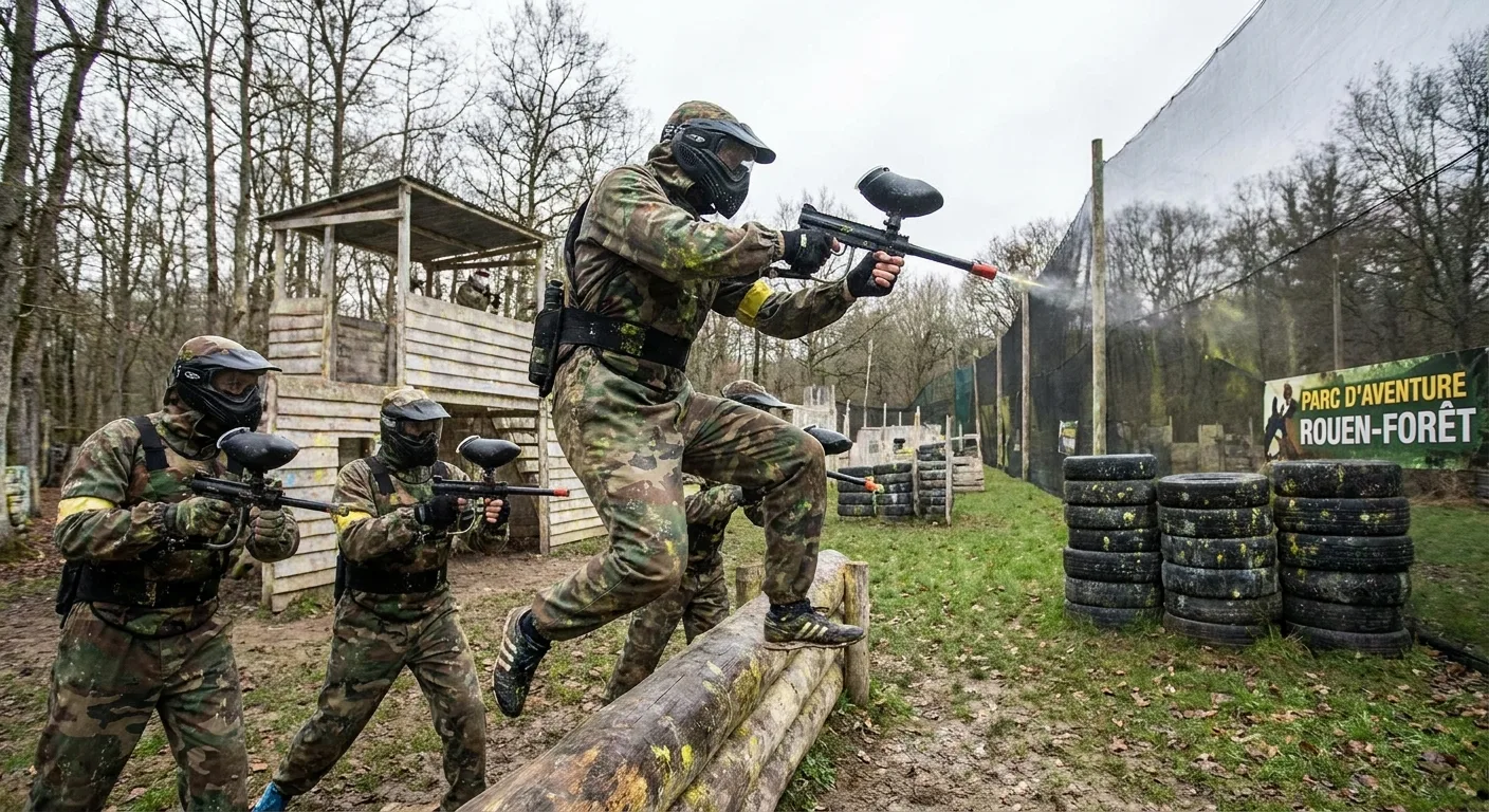 Joueurs de paintball en action dans un parc de loisirs outdoor près de Rouen, équipés de masques de protection.