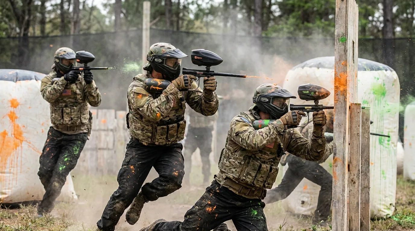 Joueurs de paintball en équipement tactique lors d'une partie intense en extérieur