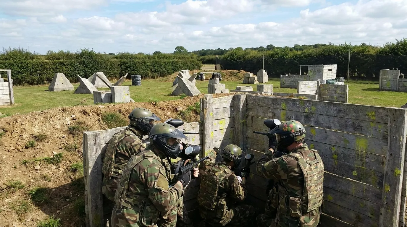 Joueurs de paintball en équipement tactique s'affrontant dans une arène extérieure en Normandie