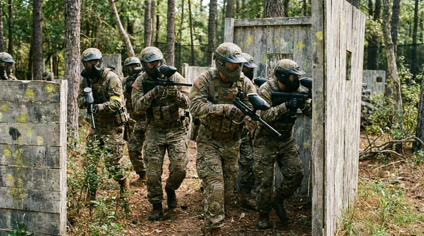 Joueurs de paintball en tenue tactique progressant derrière des barricades en bois en terrain forestier extérieur.