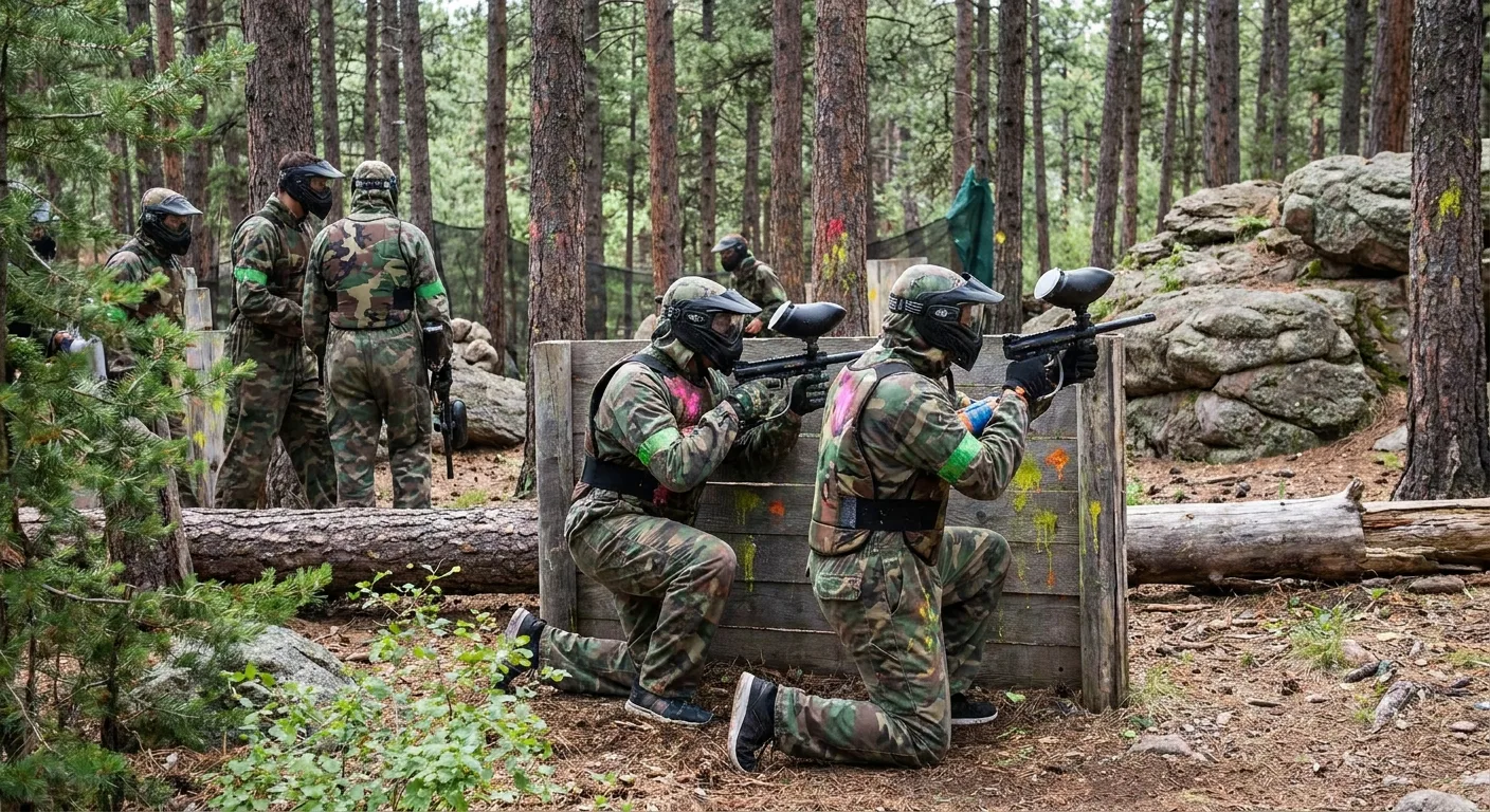 Joueurs de paintball équipés de masques et protections jouant dans un terrain boisé en extérieur.