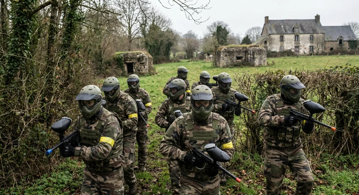 Joueurs de paintball professionnels en équipement tactique pendant une partie de combat en extérieur en Normandie