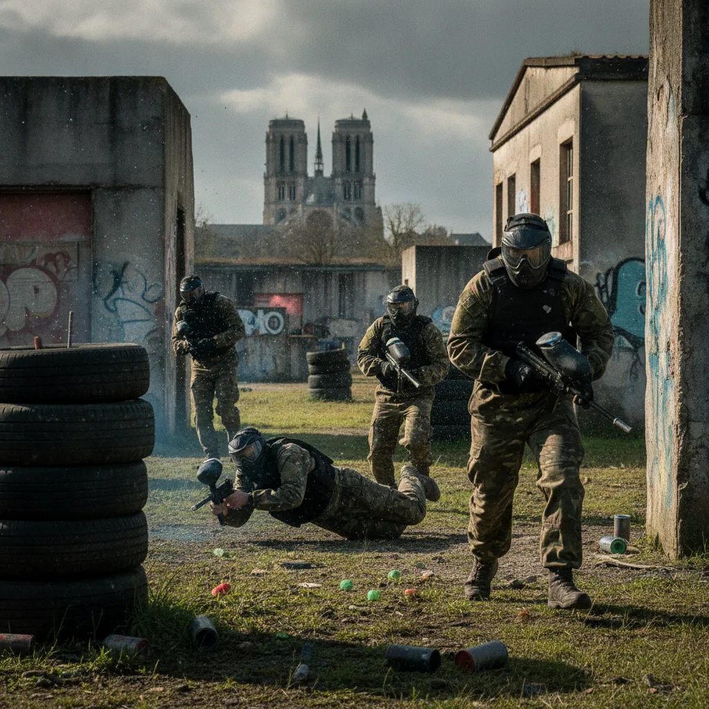 Joueurs en équipement tactique participant à une partie de paintball en action lors d'un team building à Rouen