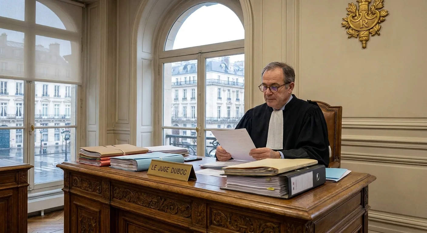 Juge d'instruction examinant des dossiers pénaux à son bureau dans une salle d'audience parisienne.