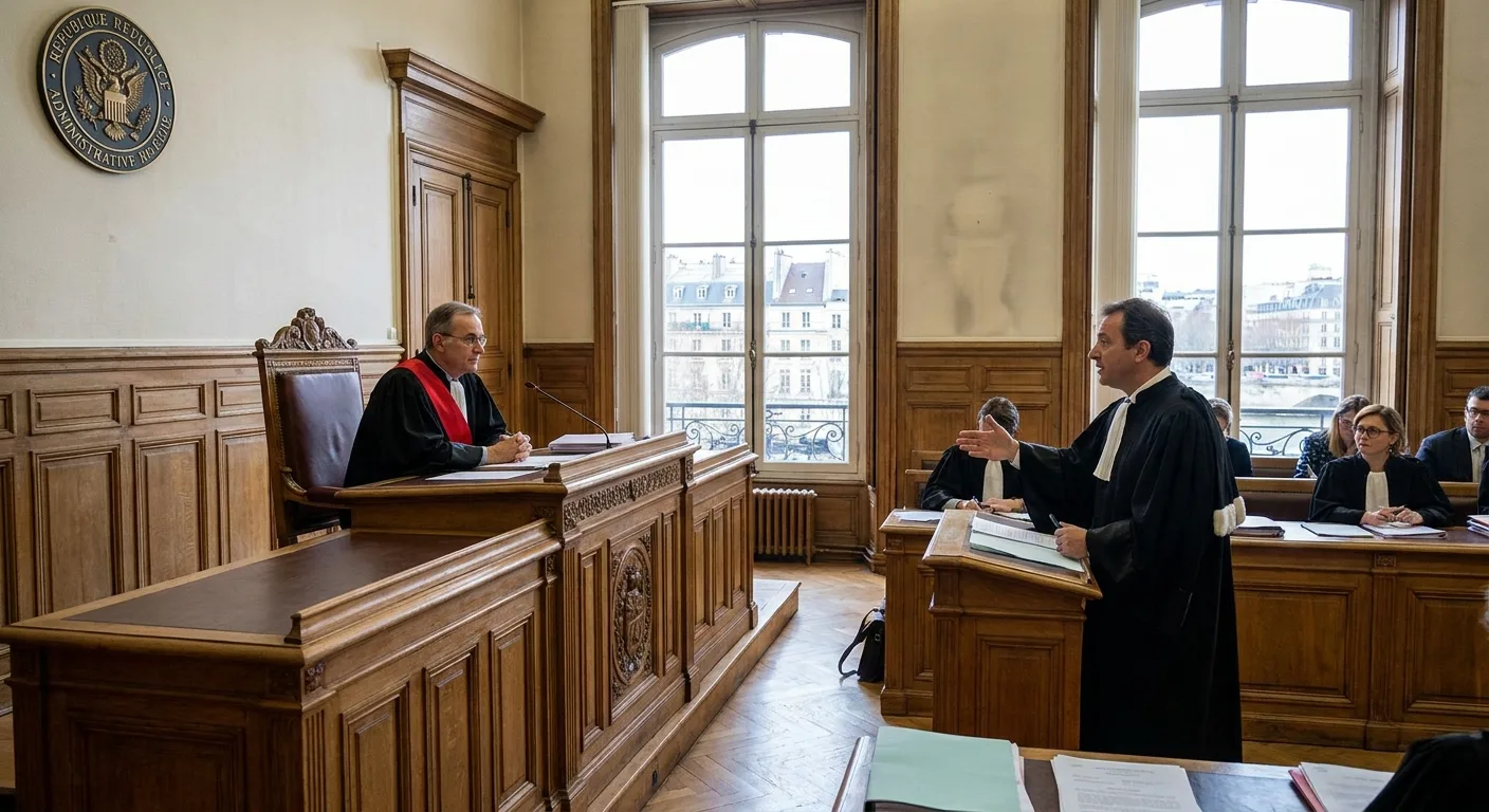Juge et avocat fiscaliste en salle d'audience d'une cour administrative parisienne lors d'une audience de contentieux fiscal