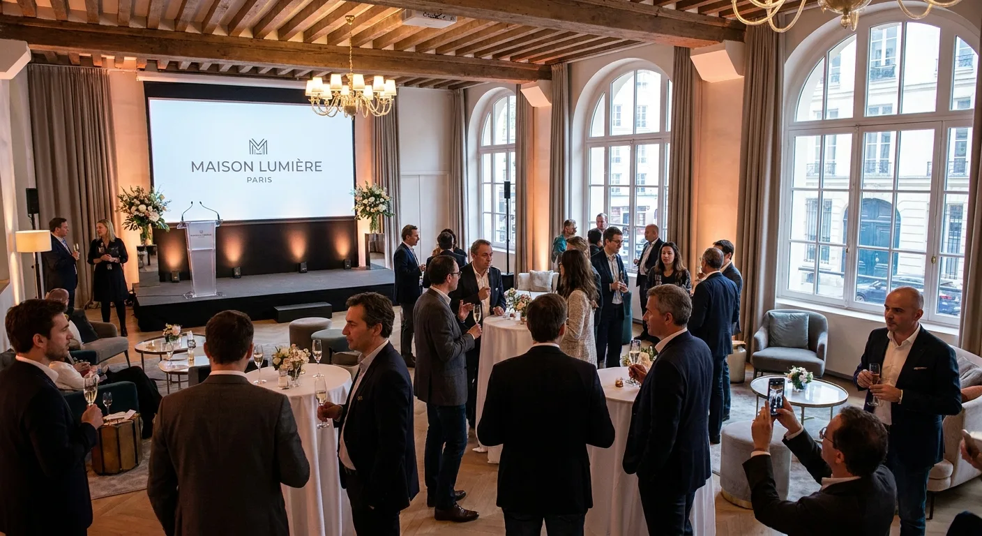 Loft parisien élégant avec scène de présentation de marque et invités en discussion lors d'un événement presse.