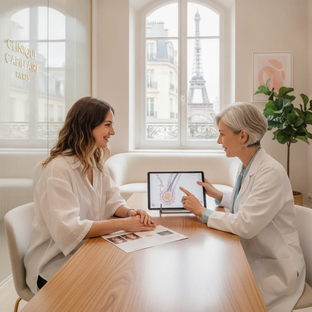 Patiente souriante lors d'une consultation capillaire avec une dermatologue dans une clinique moderne.
