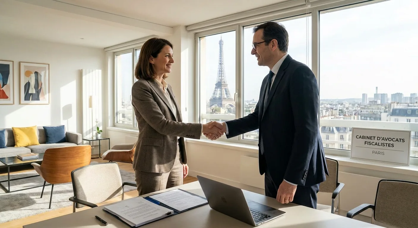 Poignée de main entre un cadre et un avocat fiscaliste dans un bureau moderne à Paris
