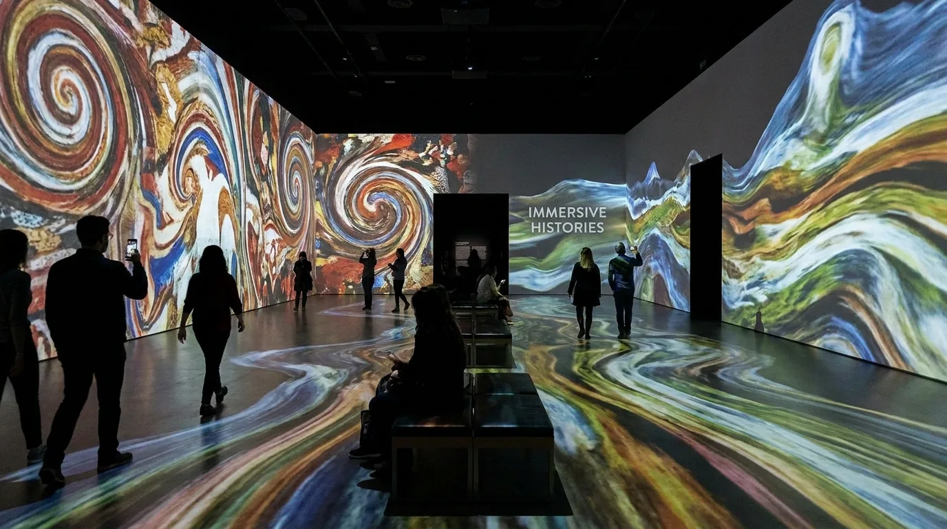 Projection vidéo immersive sur les murs d'une galerie de musée créant une expérience muséale interactive et moderne.
