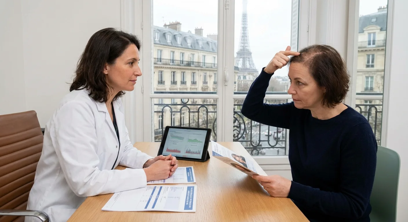 Résultats d'analyse de fer et de ferritine avec consultation capillaire dans une clinique parisienne de greffe.