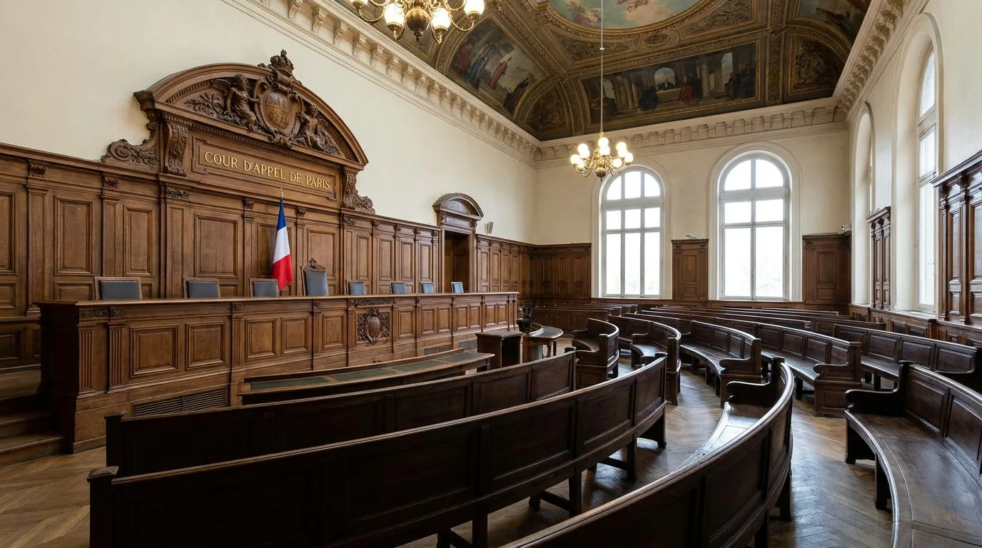 Salle d'audience de la Cour d'appel de Paris avec le banc du juge et les sièges en bois