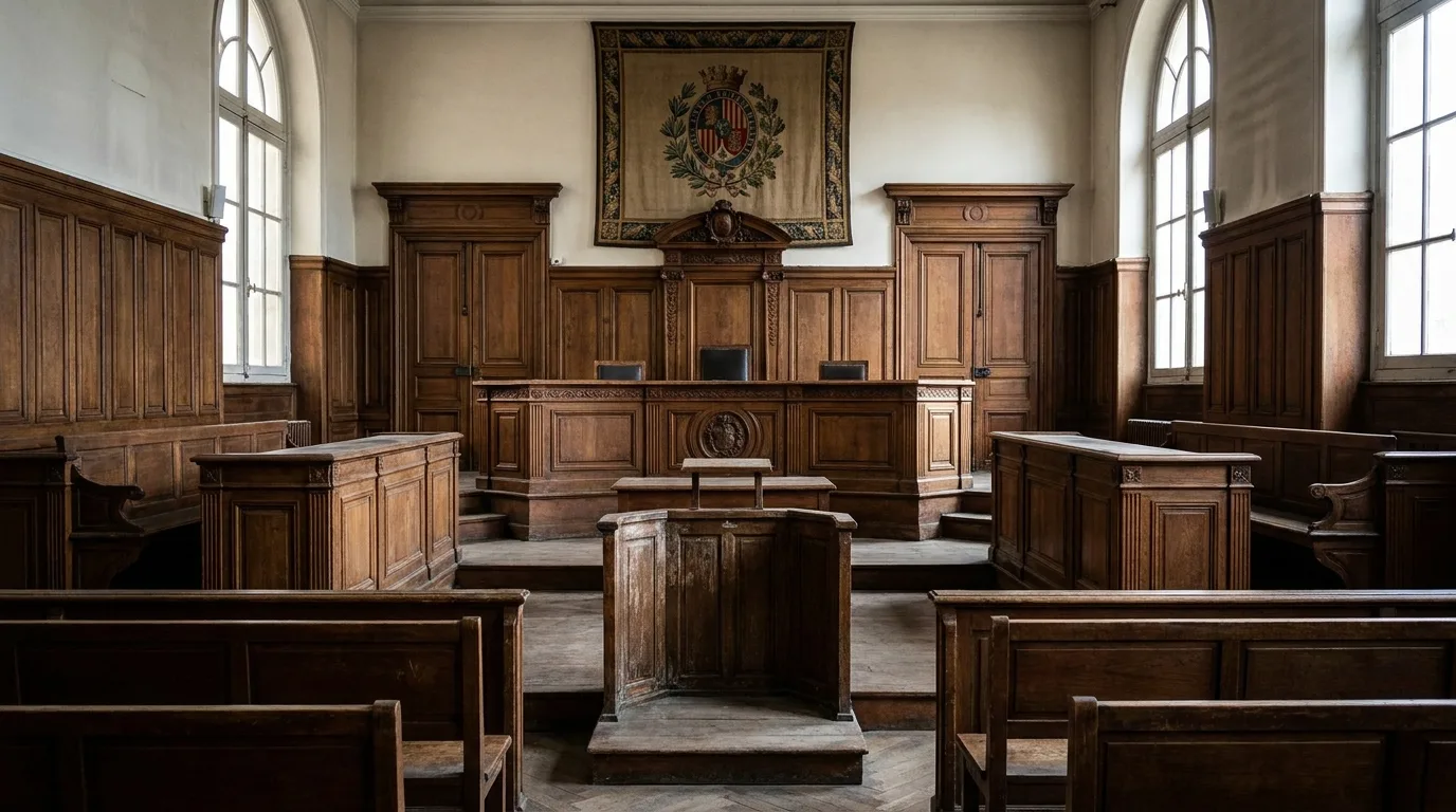Salle d'audience vide d'un tribunal pénal français avec le banc des juges et le box des accusés en bois.
