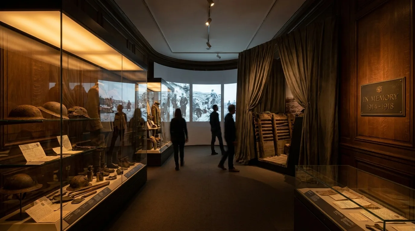 Salle d'exposition immersive dédiée à la Première Guerre mondiale avec vitrines, artefacts et éclairage ambré doux.