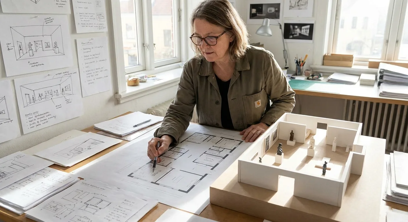 Scénographe examinant les plans d'exposition muséale avec maquette architecturale et croquis sur son bureau