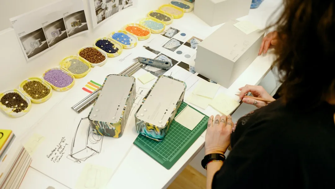 Scénographe travaillant sur une maquette d'exposition dans un studio de design