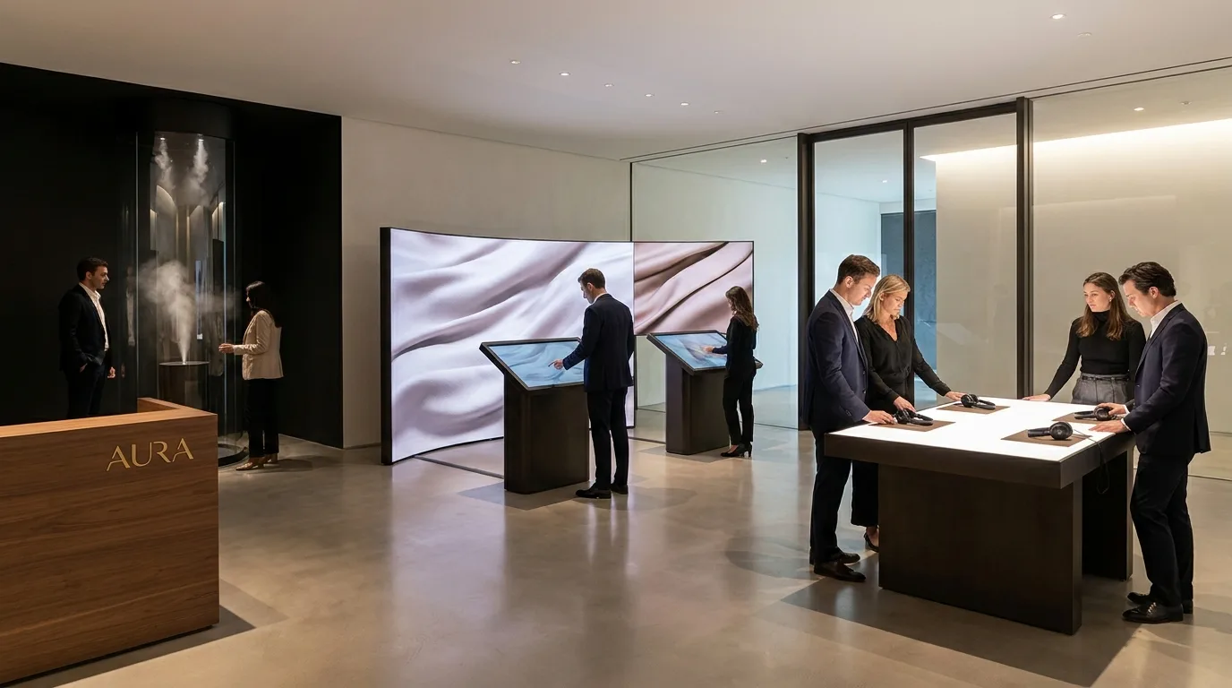 Showroom de luxe avec clients découvrant des installations interactives et expériences sensorielles immersives de marque.