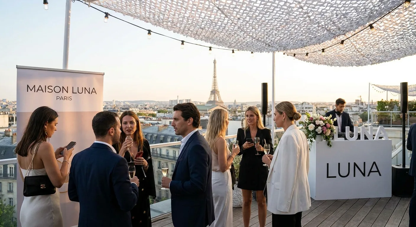Soirée de marque à Paris avec des influenceurs en discussion lors d'un cocktail élégant