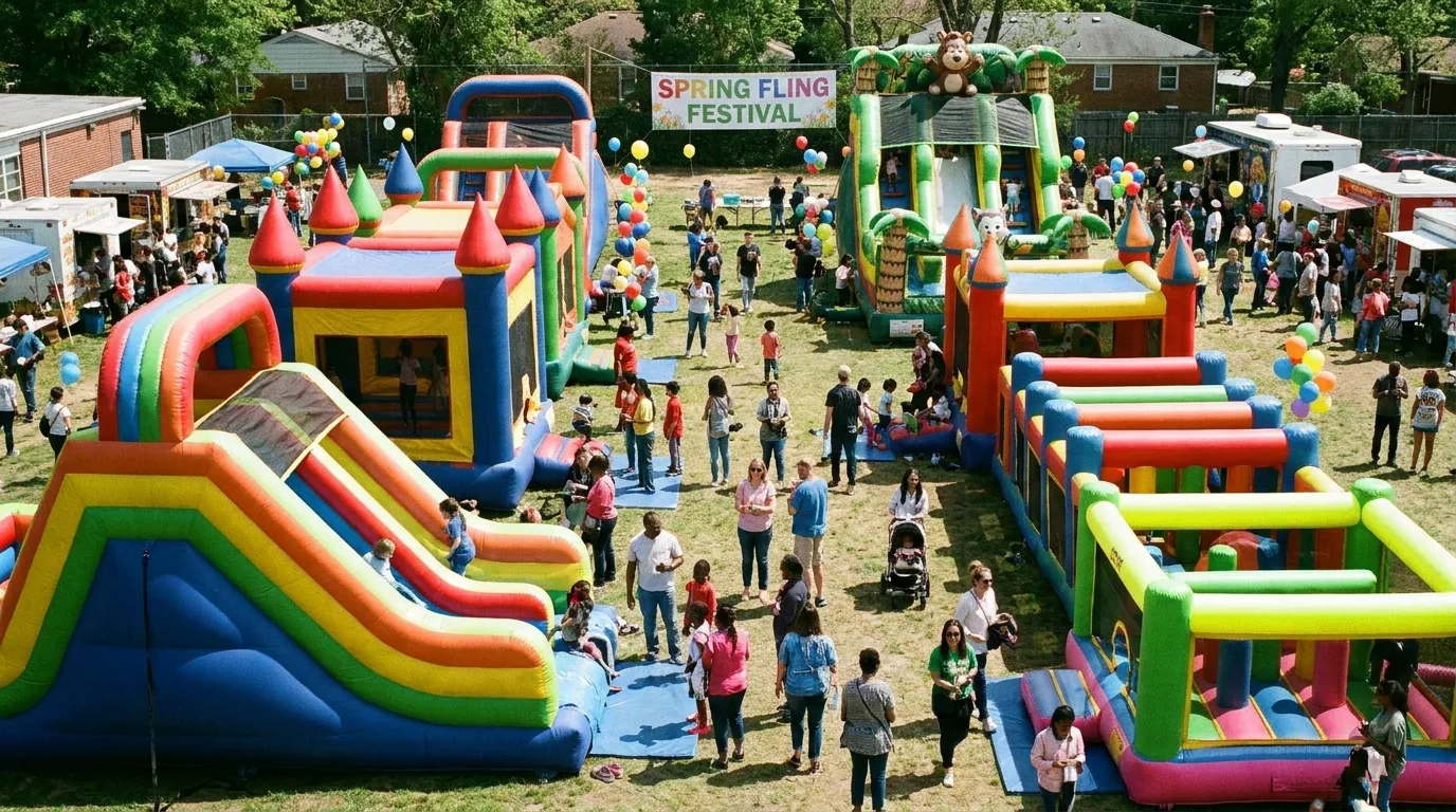 Structures gonflables colorées incluant châteaux et toboggans lors d'une fête scolaire en plein air