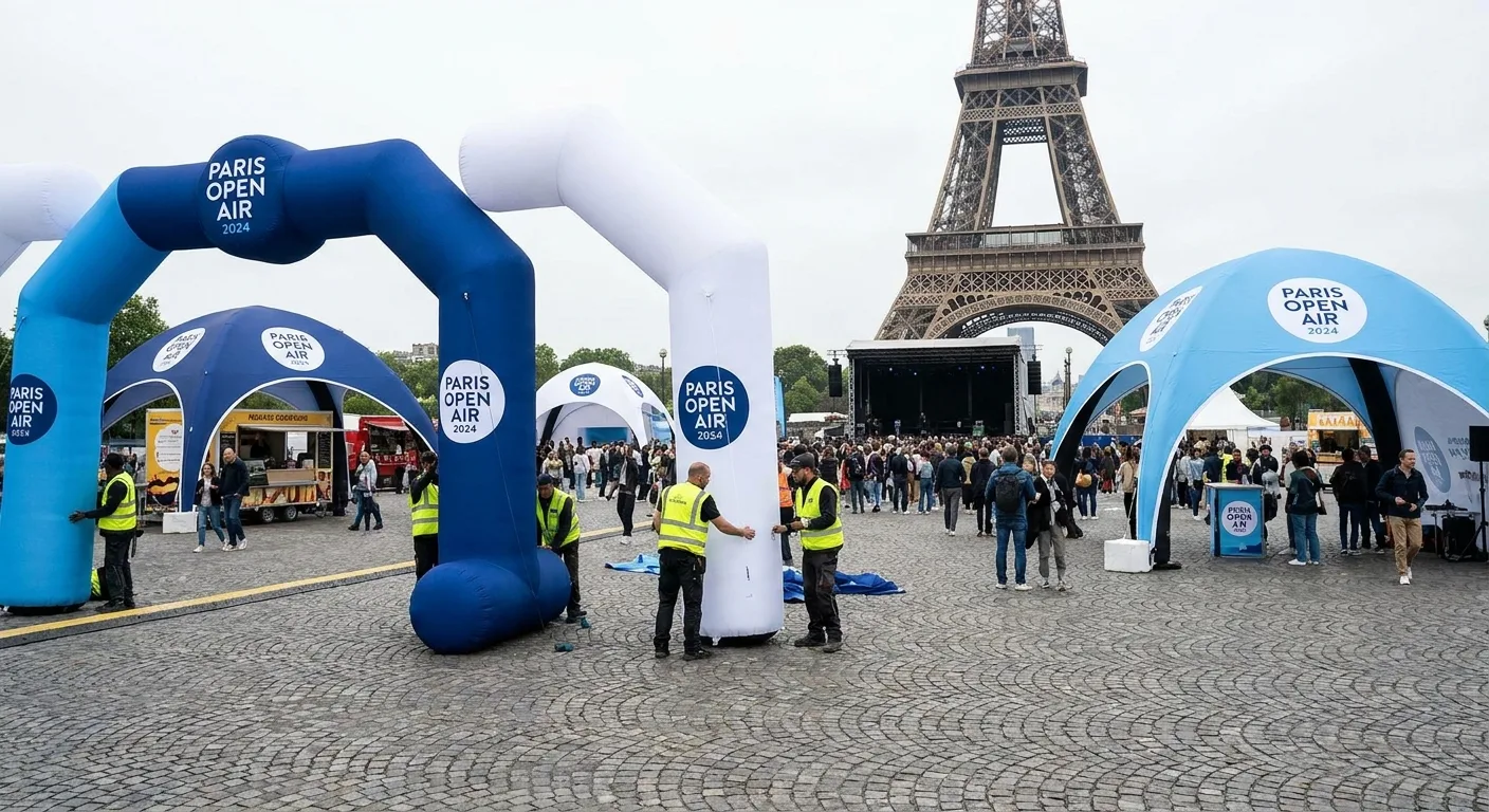 Structures gonflables professionnelles installées dans un lieu d'événement en plein air à Paris