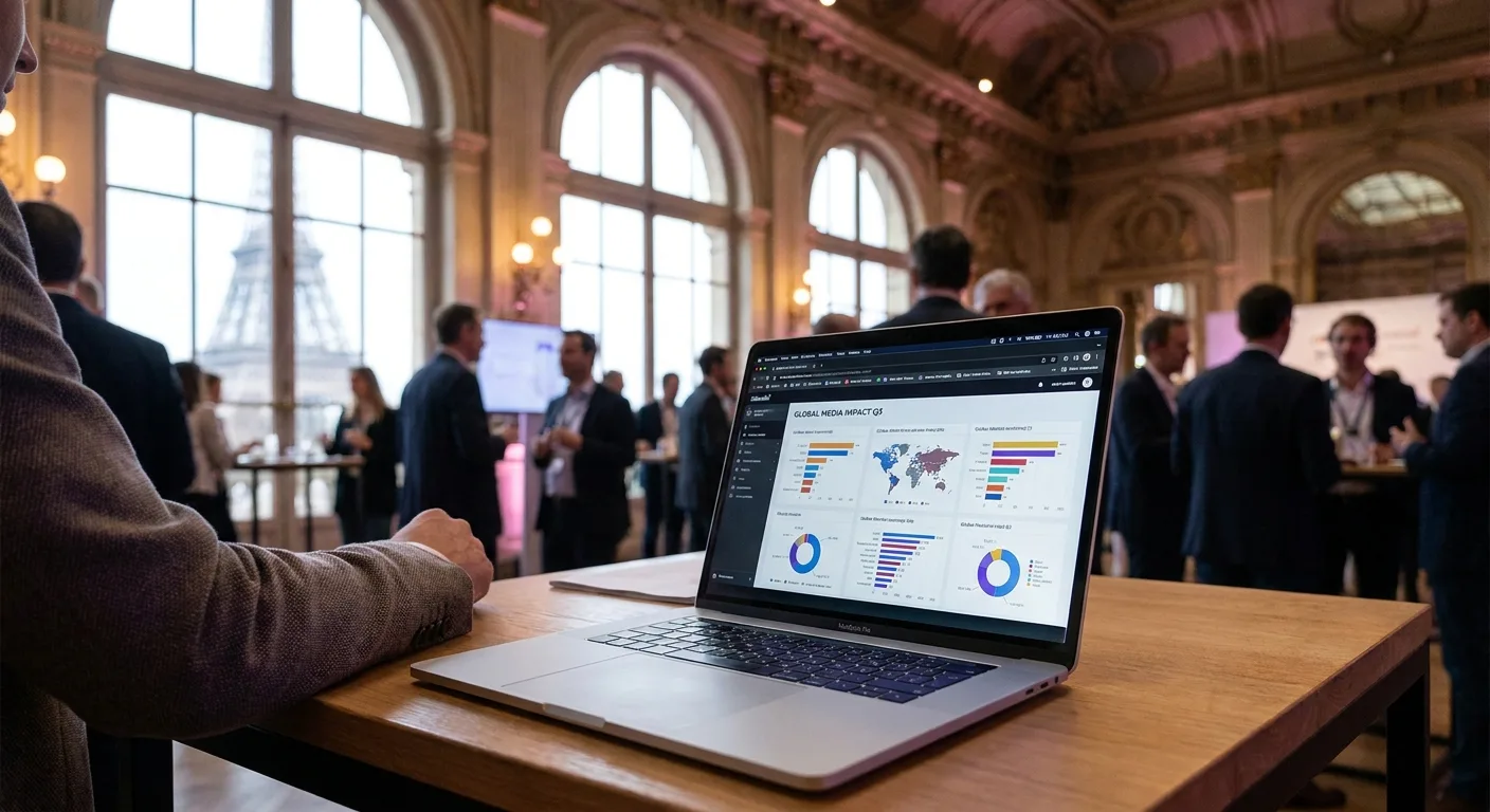 Tableau de bord d'analyse média affiché sur un ordinateur portable dans une salle d'événement parisienne.