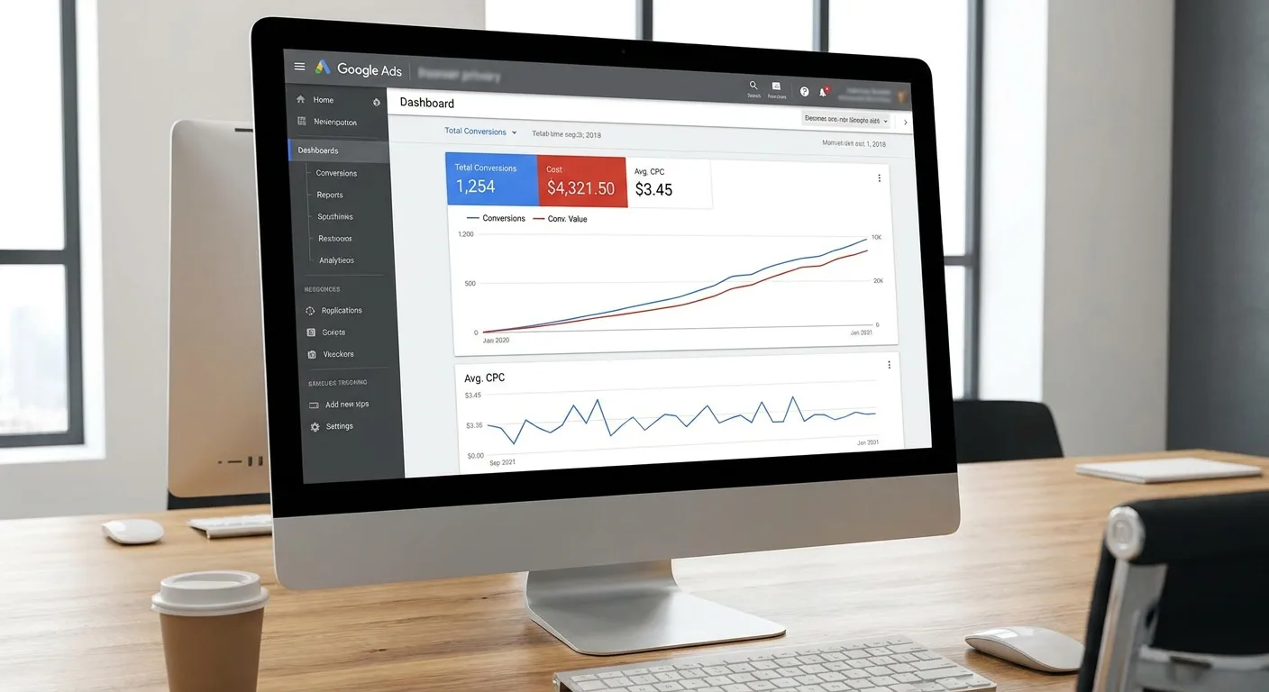 Tableau de bord Google Ads affichant des courbes de conversion et des métriques de coût par clic pour l'analyse de campagne