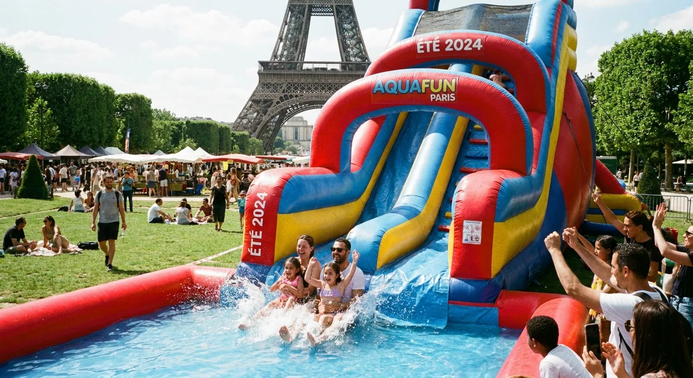 Toboggan aquatique gonflable coloré lors d'un événement estival en plein air, familles et enfants s'amusant près de Paris.