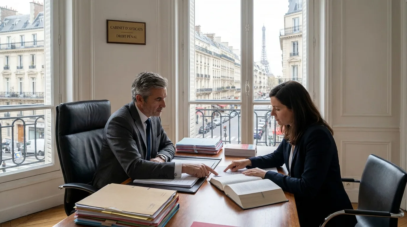 Un dirigeant d'entreprise examine des documents juridiques avec son avocat pénaliste dans un bureau parisien.