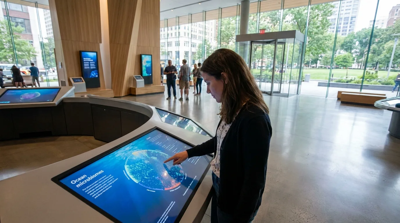 Visiteur interagissant avec un écran tactile interactif dans un espace d'exposition muséal moderne et lumineux.