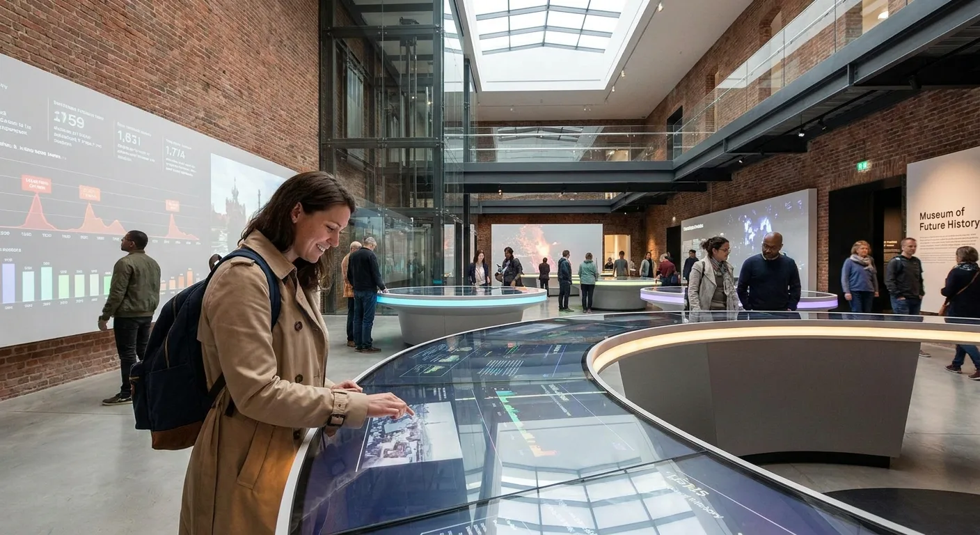 Visiteur observant les installations interactives modernes d'un parcours d'exposition rénové