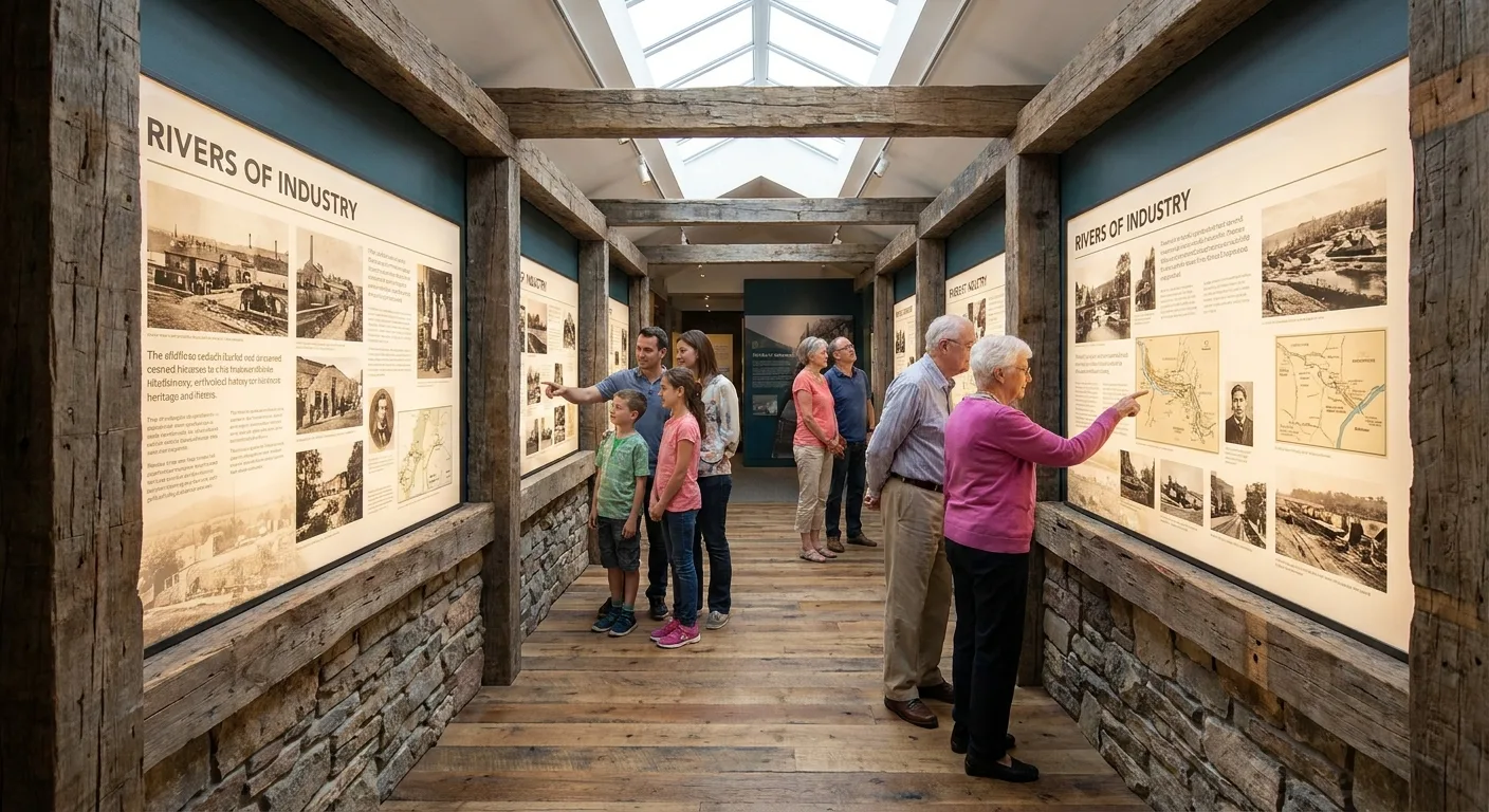 Visiteurs consultant les panneaux d'interprétation le long d'une allée d'exposition dans un musée de patrimoine