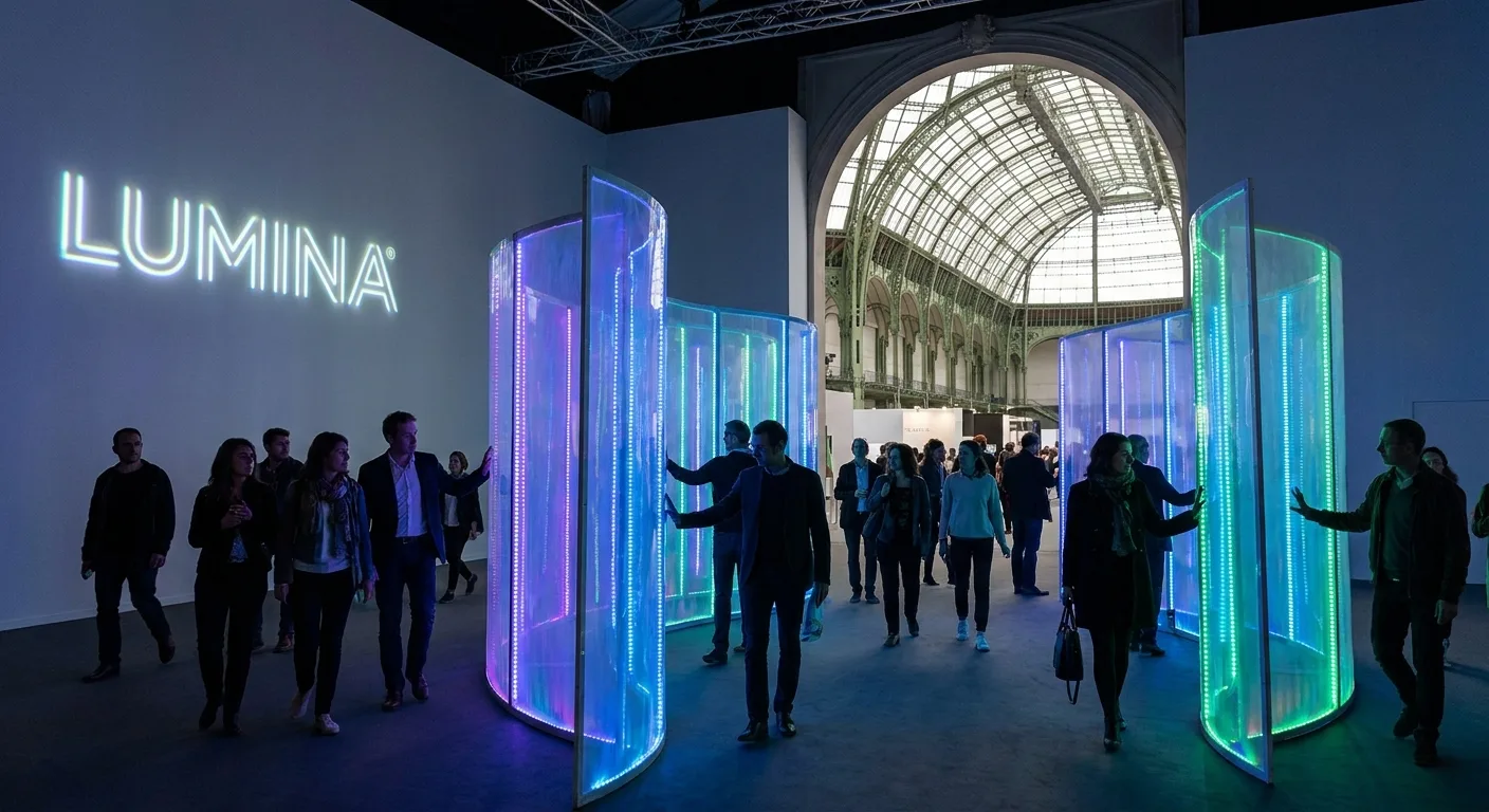 Visiteurs interagissant avec une installation de marque lumineuse et immersive dans un lieu d'événement parisien