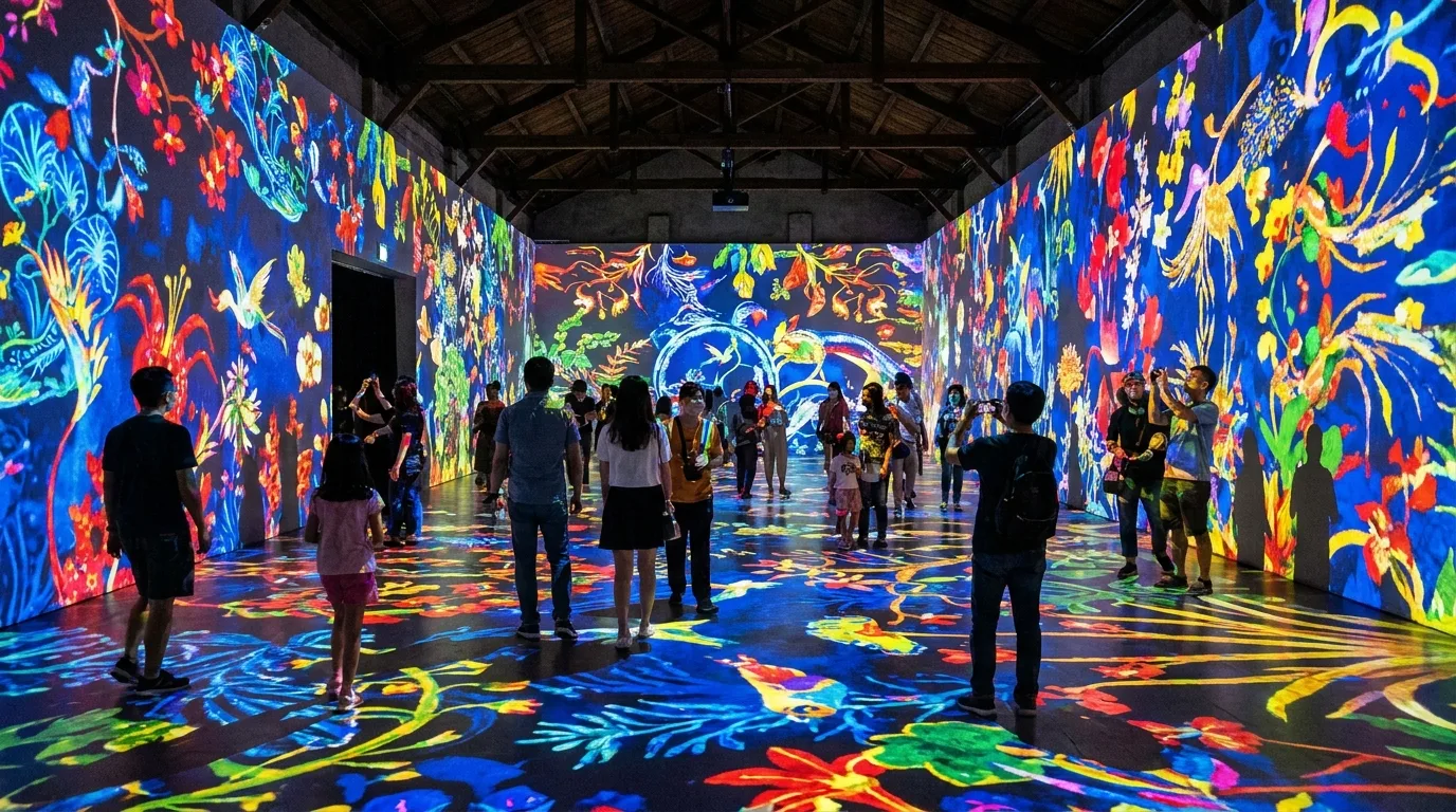Visiteurs parcourant une exposition avec projections colorées animées sur les murs et le sol du musée.
