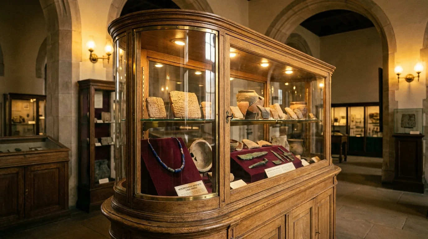 Vitrine de musée classique exposant des artefacts archéologiques sous un éclairage chaleureux